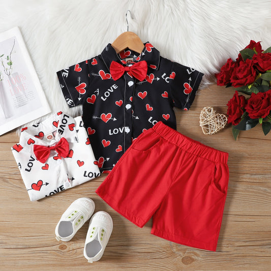 Valentine"s Day Baby Boy Set Heart Print Shirt Shorts Little Gentleman Outfits